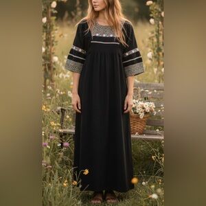 Vintage bohemian black Womens dress Sz LARGE BOHEMIAN WHYMSIGOTH FLORAL COTTAGE